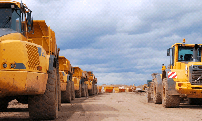 construction trucks lined up